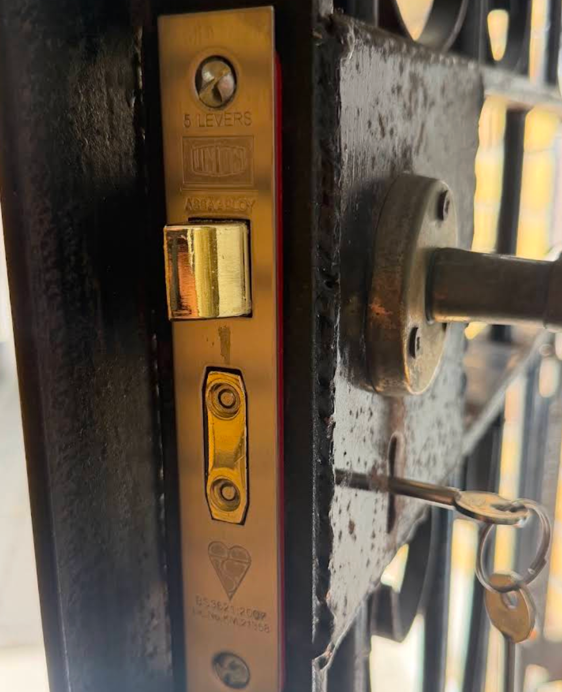 Close-up photo of a 5 lever Union mortice lock on a door